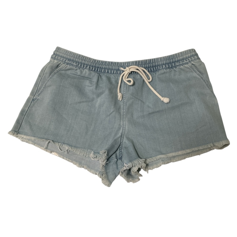Aerie Blue Jean Shorts with Elastic Waistband and Frayed Hem